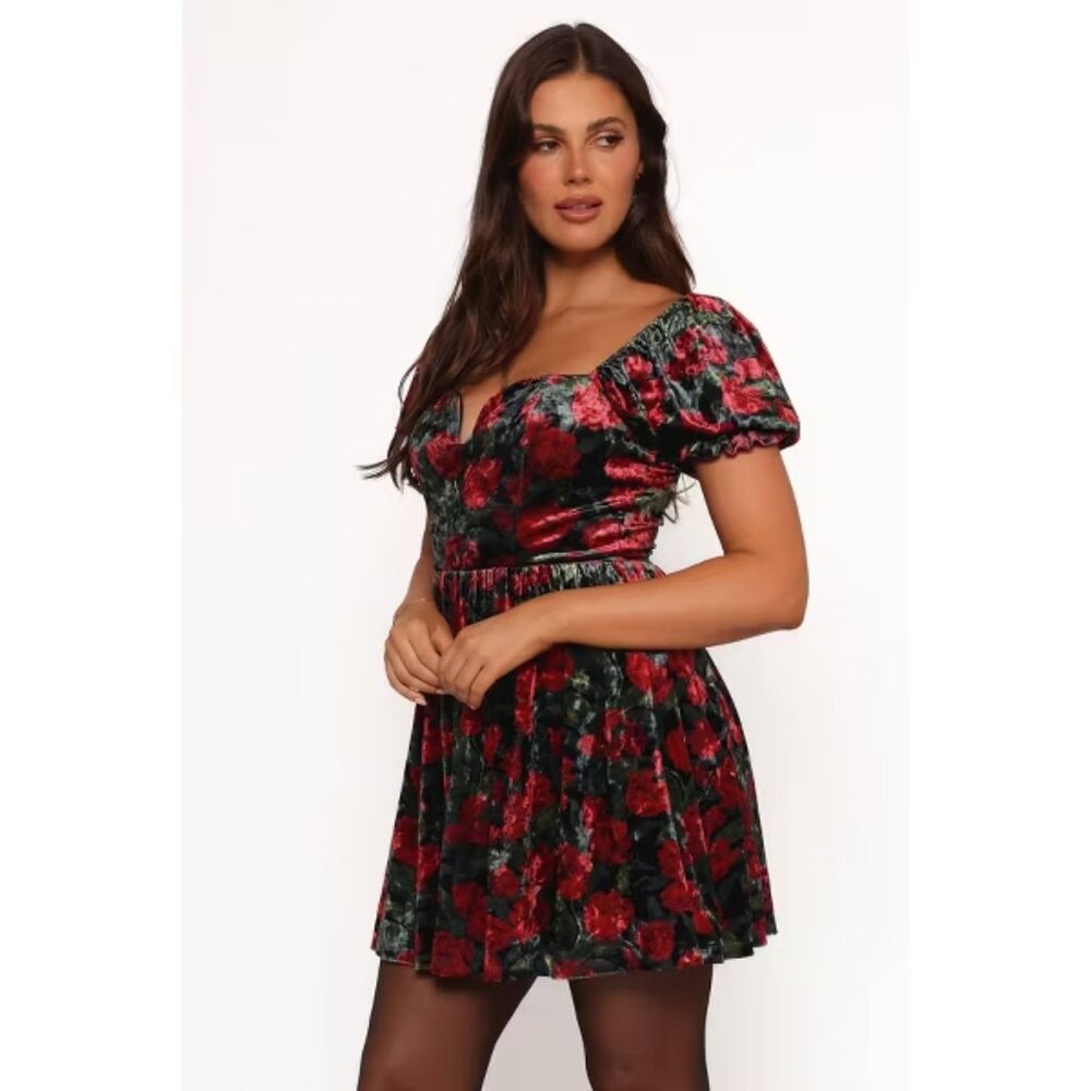 Petal + Pup Anders Velvet Floral Puff Sleeve Mini Dress Red Black Size Small